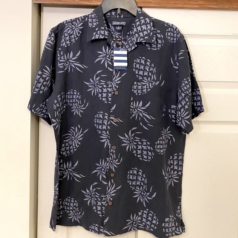NWT Lands End mens Silk/Linen pineapple pattern button down shirt size 15-15 1/2